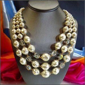 1950s Superb Rare Vintage Baroque Pearl Triple Necklace w Austrian Crystals